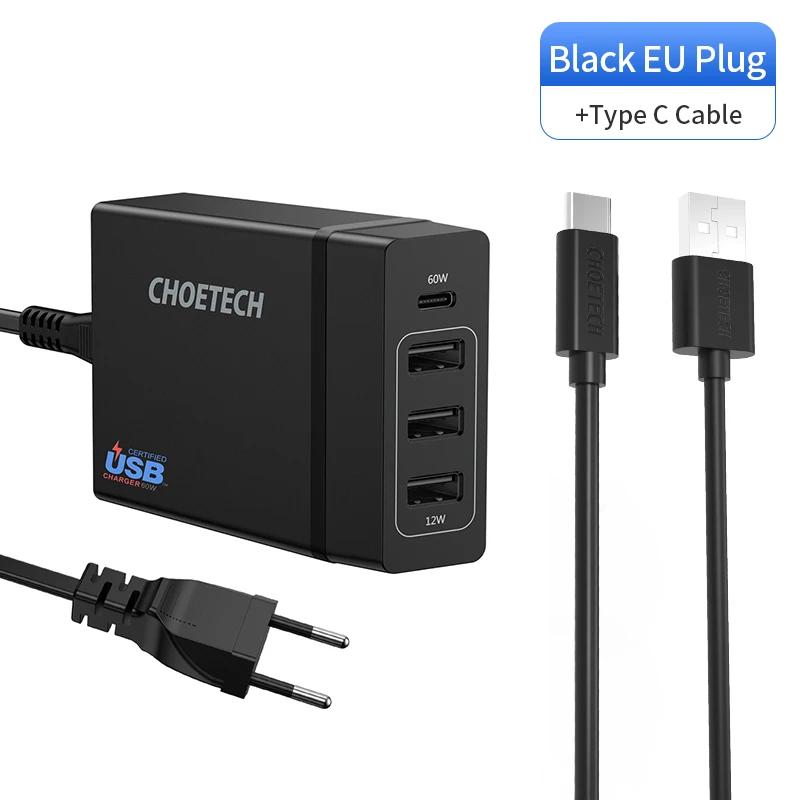 CHOETECH Мульти Usb зарядное устройство USB C 72 Вт 4 порта usb type C PD зарядное устройство станция type-C для MacBook Pro iPad Pro iPhone XS MAX huawei - Тип штекера: EUAC