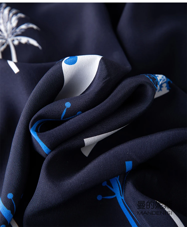 

Women's 100% Pure Silk crepe silk round neck ruffles sleeve Long Dress navy blue print belted waist MM051