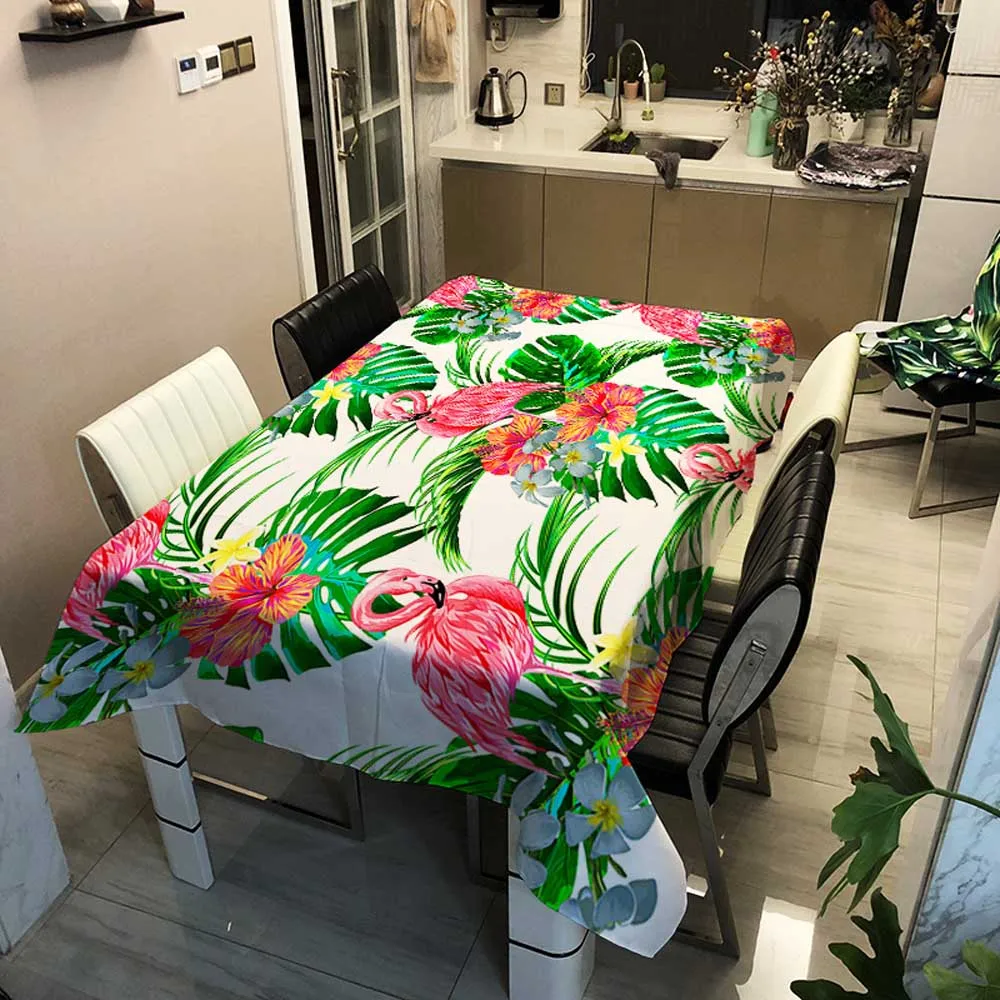 Декоративная льняная плотная скатерть с фламинго розовая водонепроницаемая