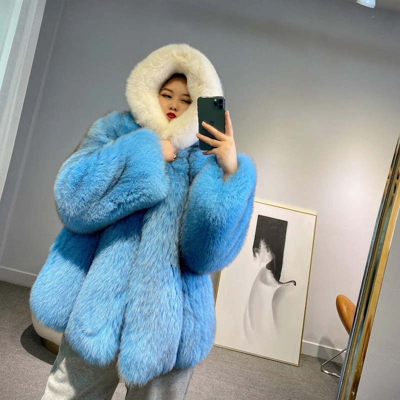 

New Natural Real Fox Fur Coat Genuine Leather Ladies Young Winter Jacket Coat With hood Hits The Color Fur Collar Winter Clothes