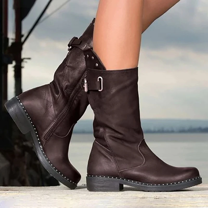 PUIMENTIUA/модные женские ботинки до середины икры; botas zapatos mujer; зимняя обувь из искусственной кожи; большие размеры 35-43