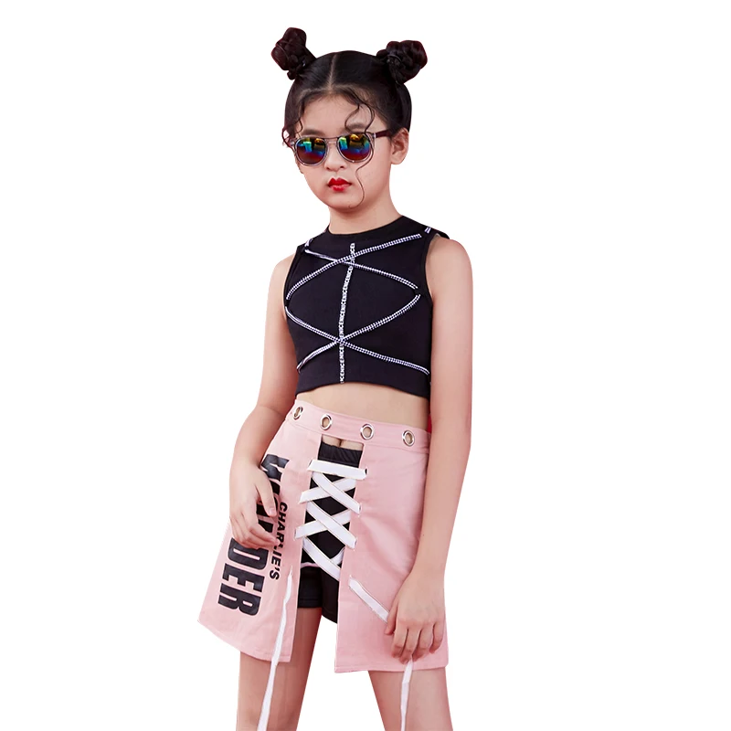 

Children Performance Clothes For Girls Jazz Dance Costume Black Vest Pink Skirt Fashion Model Show Wear Hip Hop Dance Outfit 670