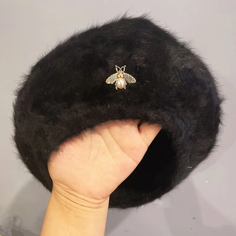 

202110-shi autumn winter rabbit hair warm pearl bee lady beret hat women Leisure painter hat