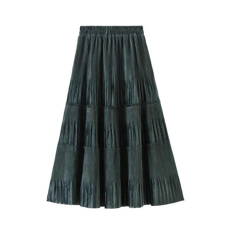 

Solid Color Female Vintage Long Velvet Pleated maxi Skirt Women Autumn Winter Elegant Fashion Ladies High Waist A line Skirt