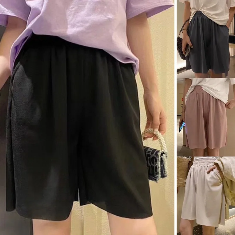 

Женские летние брюки с широкими штанинами, свободные драпированные тонкие повседневные шорты с высокой талией, эластичные удобные дышащие ...