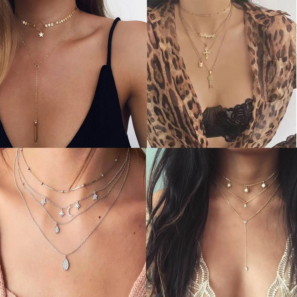 Бохо чокер с несколькими слоями ожерелья для женщин Золотая Луна буквы кисточкой