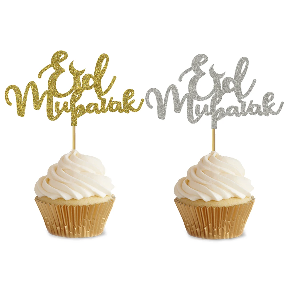 

20pcs Glitter Gold Silver Eid Mubarak Ramadan Mubarak Umrah Mubarak Cupcake Topper For Muslim Eid Party Cake Decoration