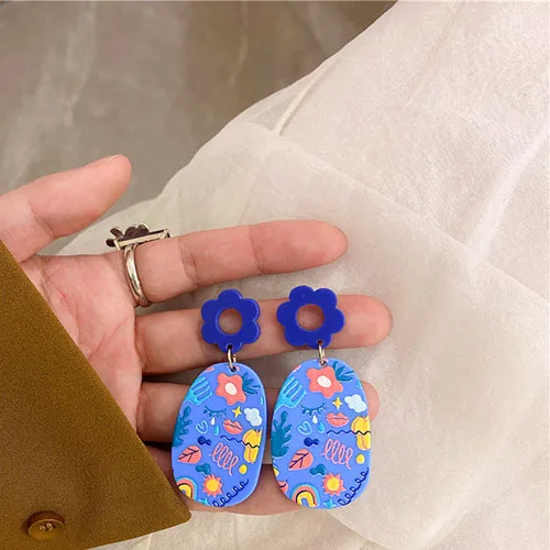 

Geometric Color Blue flowers Women Jewelry Eardrop Dangle Acrylic Printed Blue Flower Earring