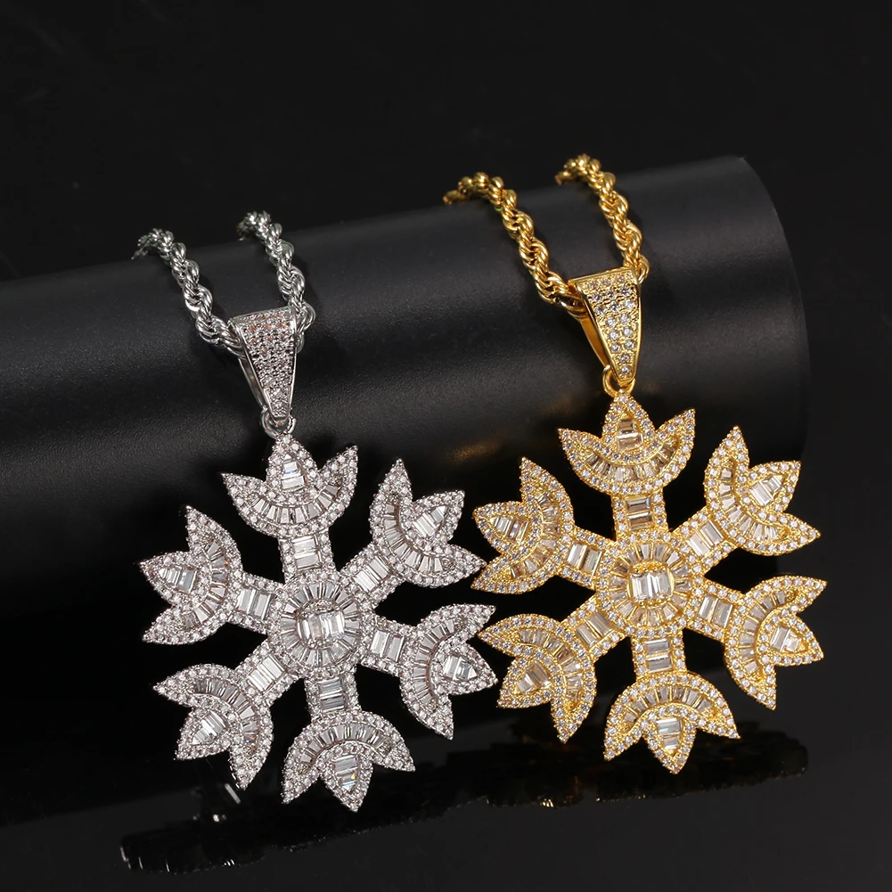 

New Fashion Hip Hop Jewelry Men Women Baguette Snow Shape Pendant Necklace Gold Color Iced Bling Bling Cubic Zirconia gifts