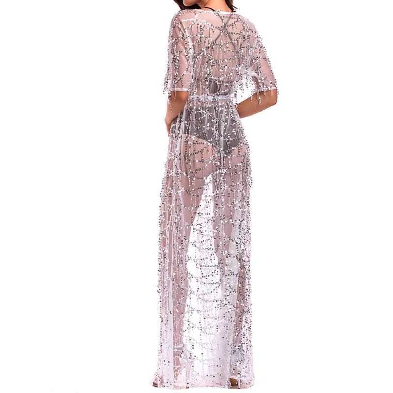 

Women Sequins Long Lace Lingerie Robe See Through Mesh Babydoll Nightgown Cover Up Nightdress Strap Closure 4 Sizes MOWA889