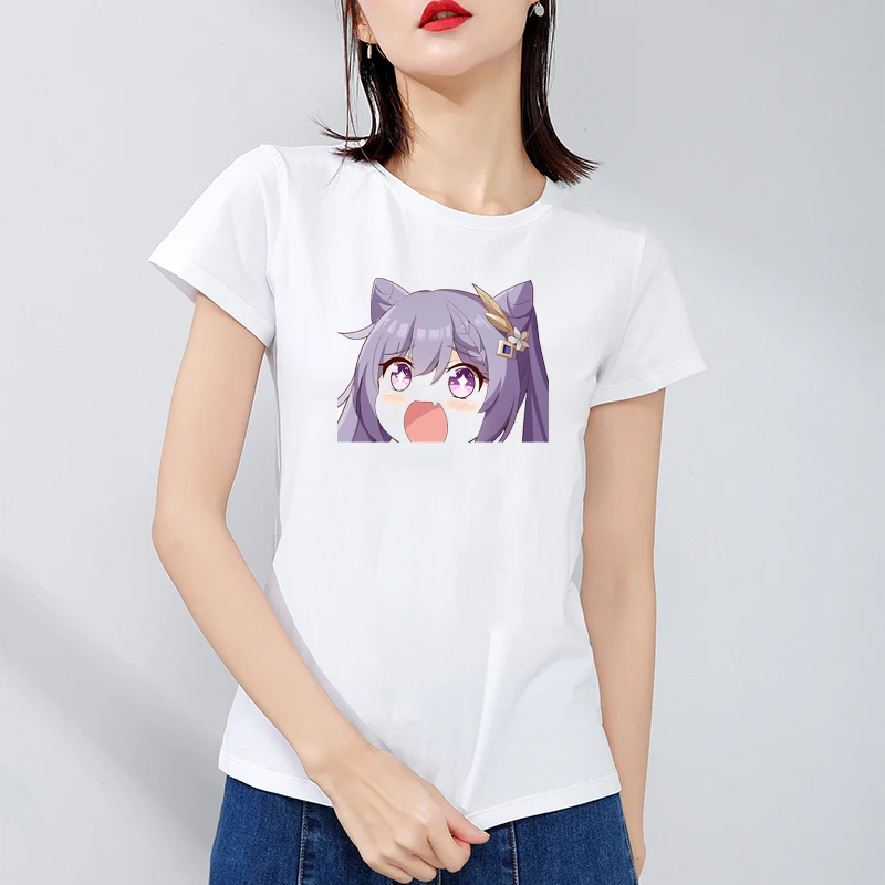 

Women Harajuku Aesthetic White Tops Kawaii Anime Print Graphic T-shirt Casual Pop 2021 New Keqing Fashion Y2k Female Clothes