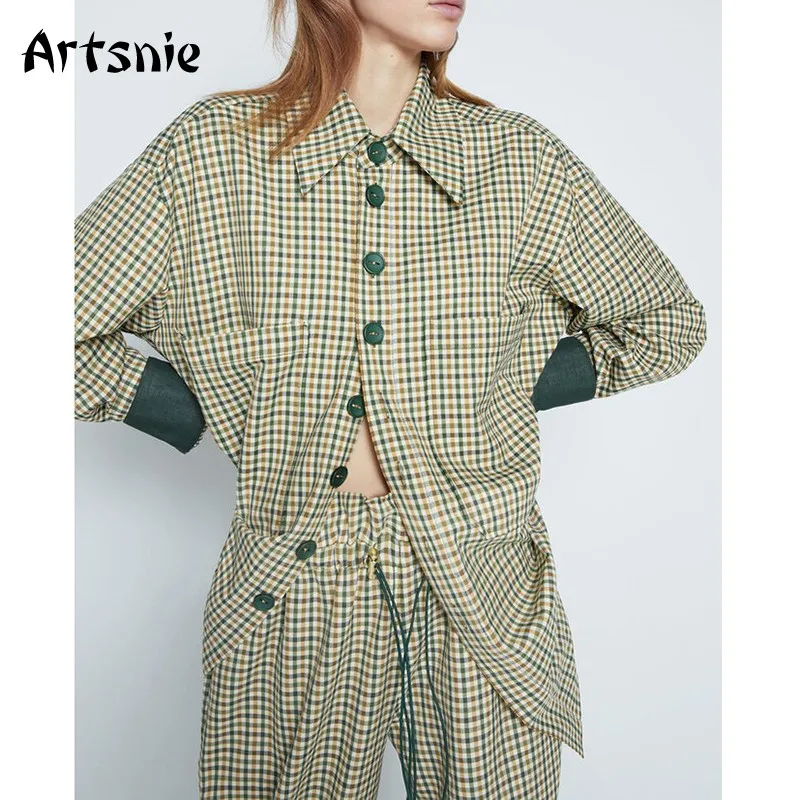 

Artsnie Vintage Plaid Women's Tracksuit Autumn Coat And Wide Leg Pants Two Piece Set Streetwear Ol Trouser Suits Ladies Suits