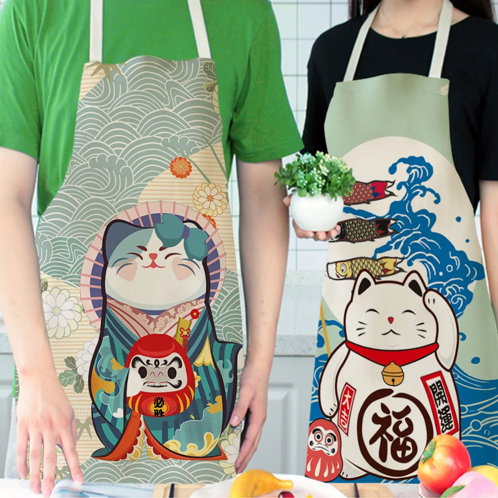 Японские милые Lucky Cat Кухня Кулинария женские фартуки для приготовления пищи детская малыш передник из льняной ткани выпечки кофе магазин аксессуары - изображение