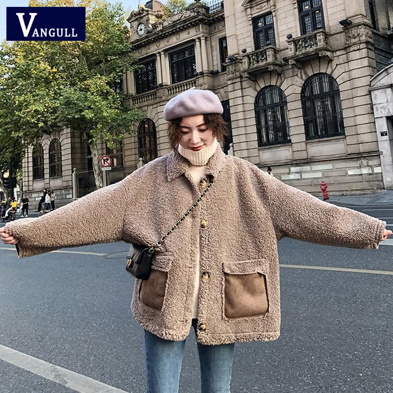 Vangull женские куртки из овечьего меха зимние толстые теплые женские пальто из овечьего меха Осенняя Мода Новые Длинные рукава однотонная свободная элегантная верхняя одежда