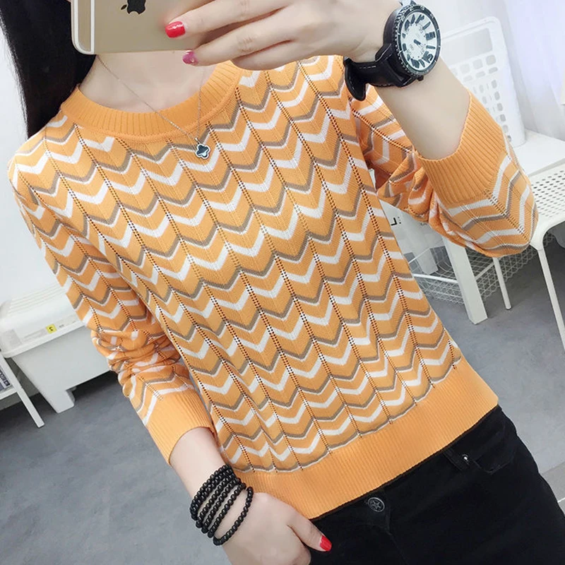 

2021 Autumn Winter Pullovers Fashion Striped O-Neck Knitted Sweater Women Clothes Long Sleeve Hollow Out Woman Sweaters