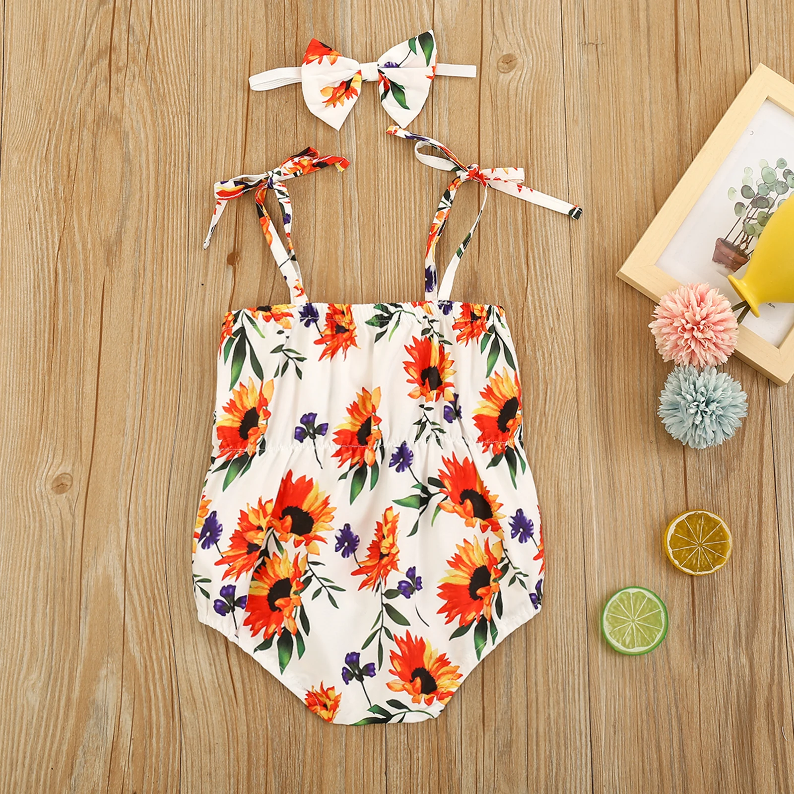 

2021 New Summer 0-3Y Toddler Kid Baby Girl 2Pcs Set Floral Print Spaghetti Straps Bows Sleeveless Bodysuit+Bow Infant Outfit