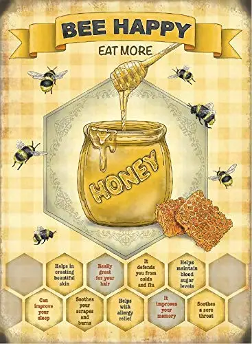 

Bee Happy, Eat More Honey Metal Tin Sign Retro Kitchen Garage Decor Signs