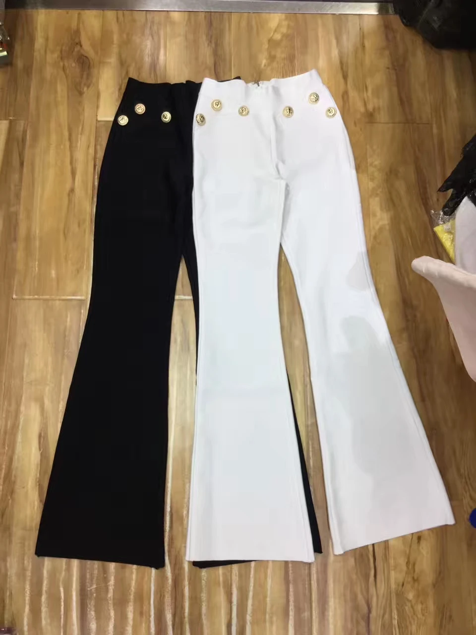 Top Quality Women Pants Red White Button Flare Bandage Pants Newest