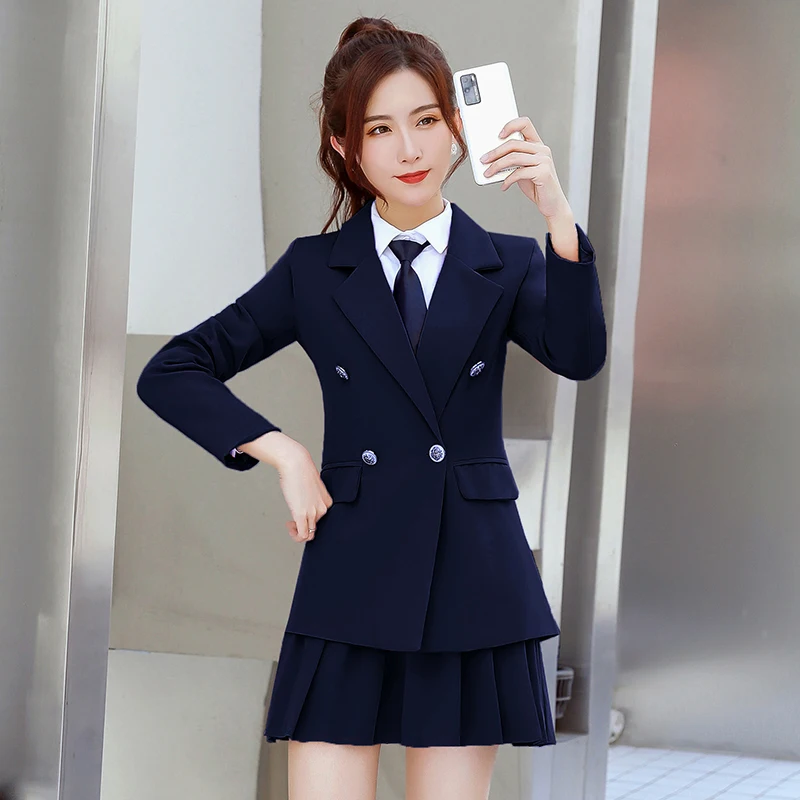 Korean Autumn Professional Women's Work Clothes College Style British Double Breasted Black Suit Business Skirt Set Blazer+skirt
