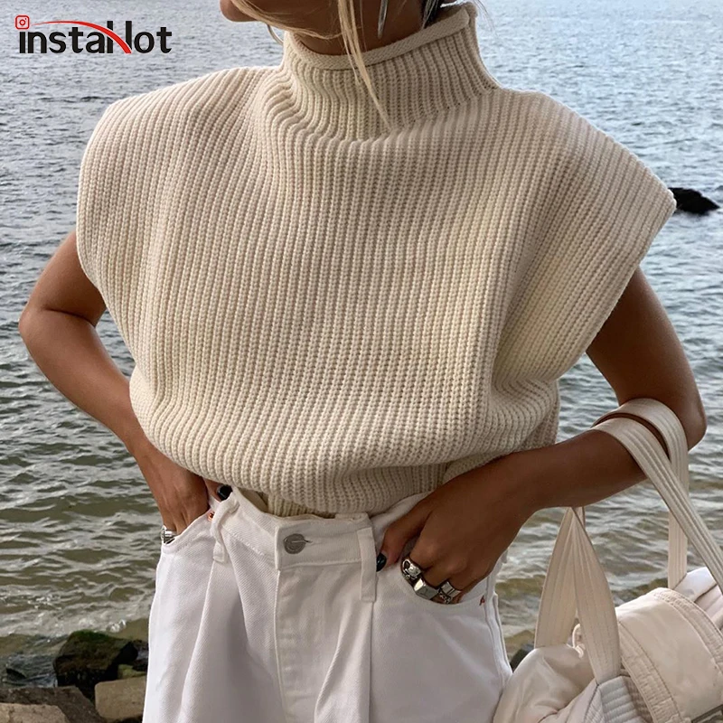 

InstaHot Sweater Knitted Vest Turtleneck Elegant Pullover Autumn Soft Loose Vintage Sweater Women 2021 Casual Streetwear Vest