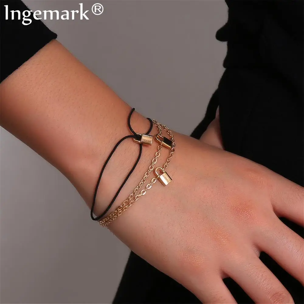 

Gothic Punk Lover Lock Pendant Chain Bracelet Set for Women Punk PU Leather Padlock Armband Charm Bracelet Bangle Couple Jewelry