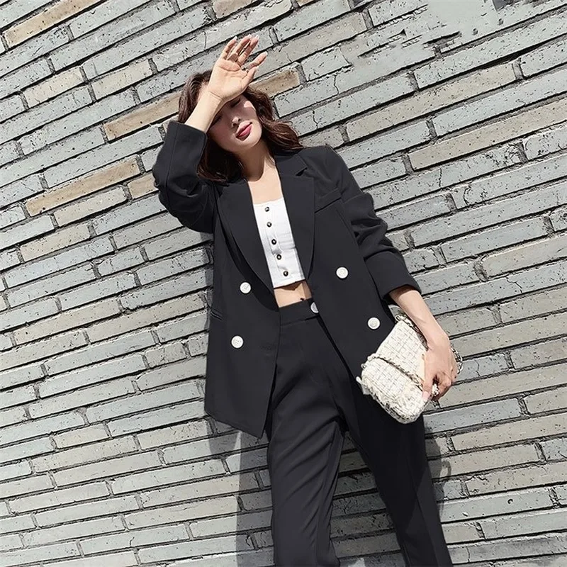 

Mazefeng 2020 New Spring Woman Sets Two Piece Outfits Matching Pants Casual Double Breasted Office Elastic Waist Suits