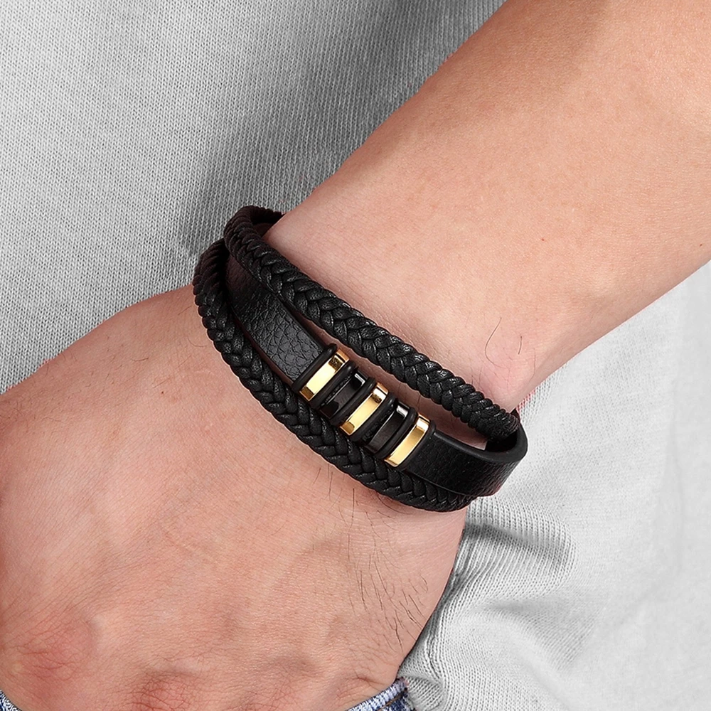 

Fashion Stainless Steel Charm Magnetic Black Men Bracelet Leather Genuine Braided Punk Rock Bangles Jewelry Accessories Friend