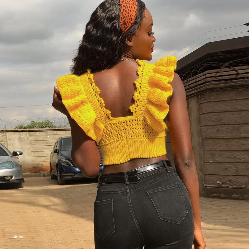 

Fashion Knitted Tops Women 2021 Crochet Hollow Out Ruffles Sexy Deep V Neck Tops Yellow Backless Knitting Wavy Crop Top T Shirt