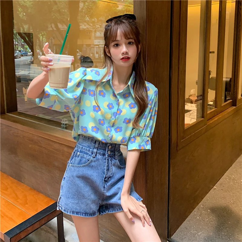 

Chiffon Slim Women's Blouses New Casual Blouse Fashion Short Sleeve Top Floral Buttons Polo Shirt Summer Houthion