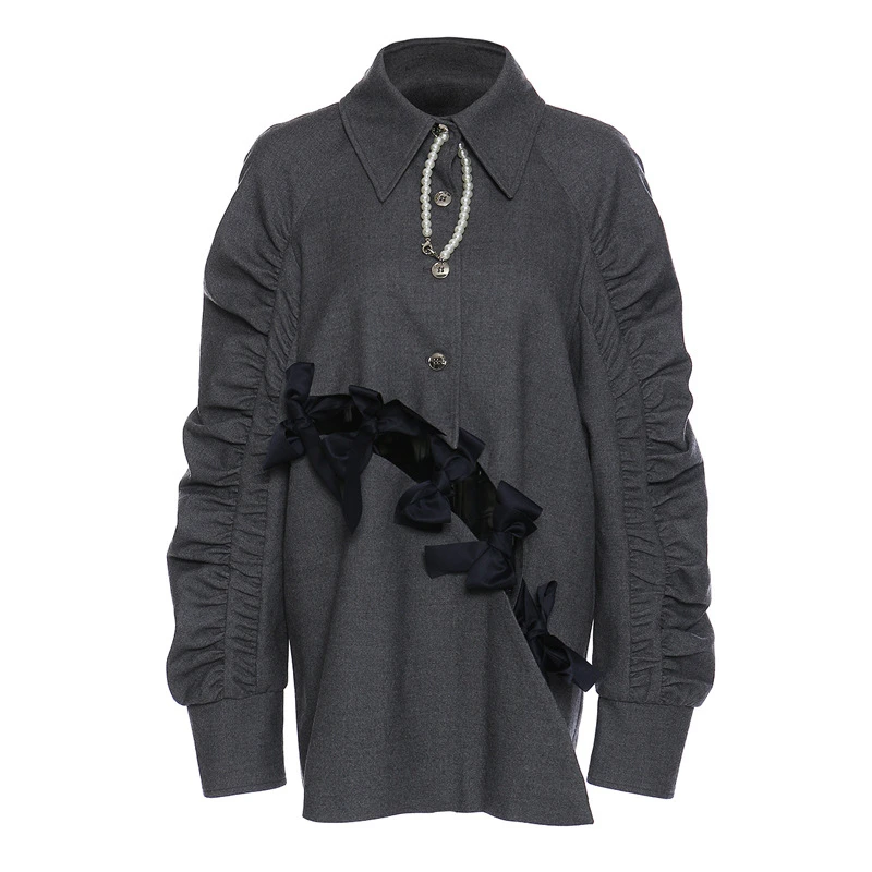 

SeeBeautiful Lace Up Bow-knot Large Size Jacket Coat Lapel Pleated Puff Sleeve New Fashion Autumn Winter 2021 Women M315