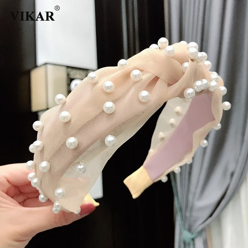 

New Girls Mesh Pearl Headbands For Women Solid Hair Bands Turban Autumn Headwear Headband Female Hair Accessories Wholesale
