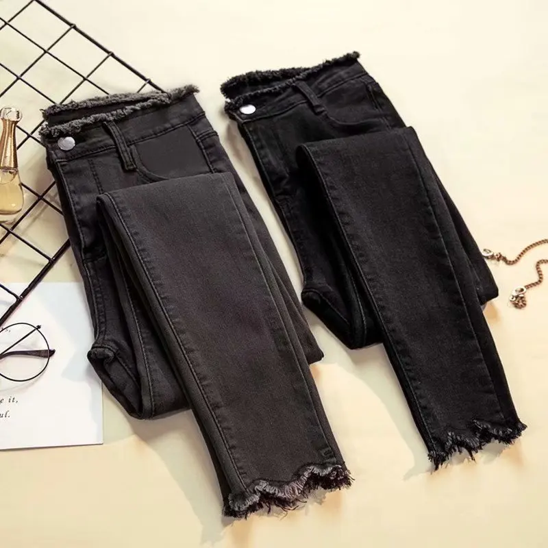 

Women's Jeans Black High Waist Nine-point Pencil Feet Tight and Thin Elastic