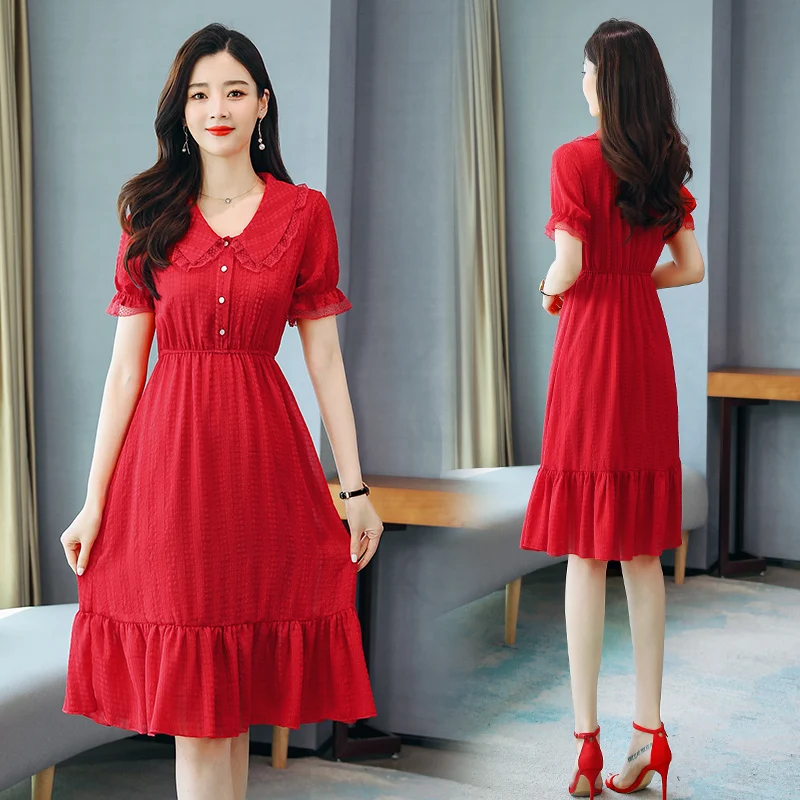 Красное черное шифоновое пуговица в форме листа лотоса с коротким рукавом длиной