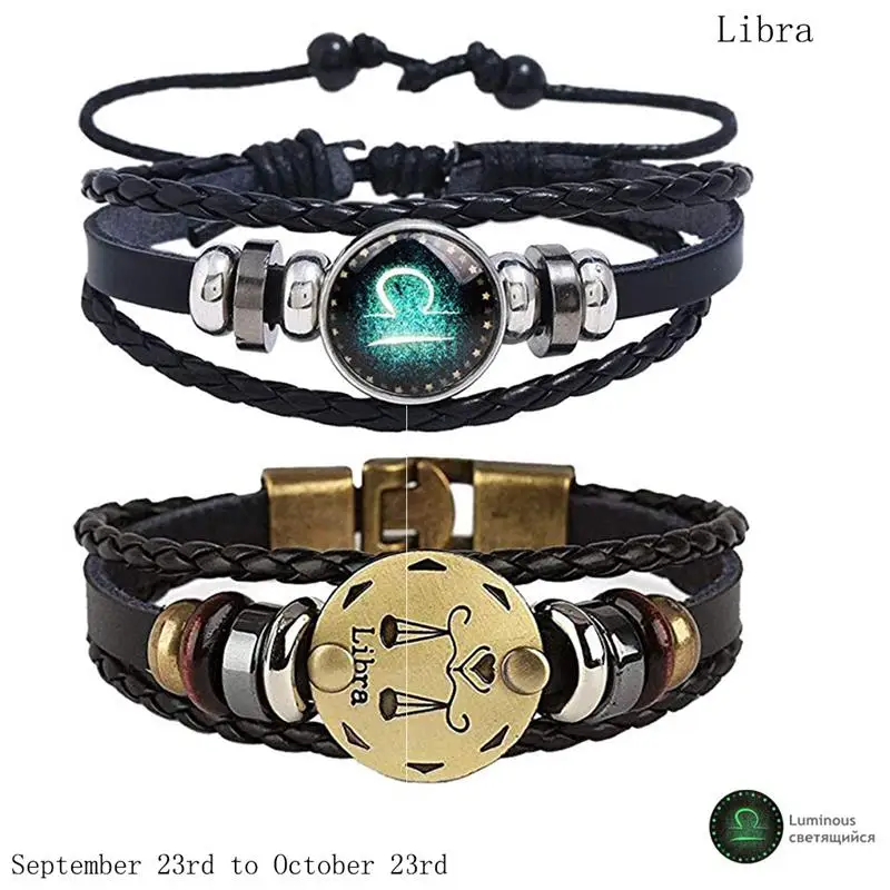 Libra 2 шт./компл. 12 созвездий Браслеты световой кожаный браслет гороскоп плетеный браслет Для мужчин Для женщин ювелирные изделия наручные часы подарок - Окраска металла: Libra