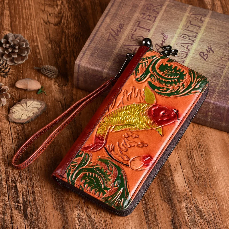 

Psoriate retro deflower women's purse long hand bag pure hand coloring wallet women wallets for women luxury money purse wallet