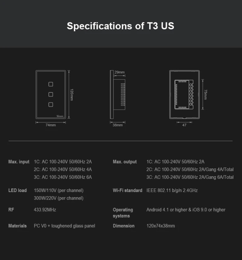 Настенный выключатель Sonoff T2 T3 EWelink US Wi-Fi настенный Смарт светильник ель для умного