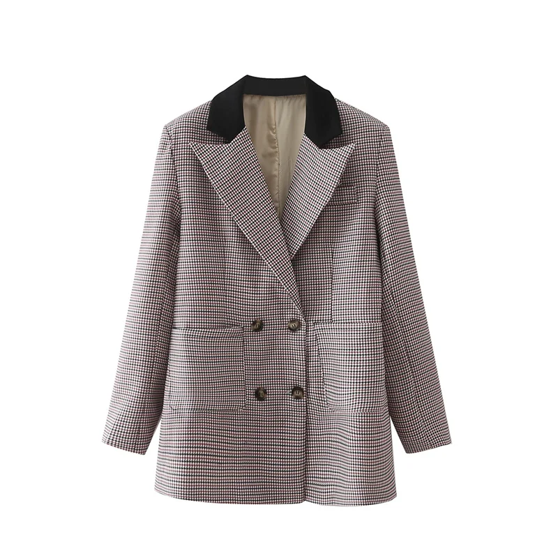 

MESTTRAF Women 2021 Fashion Double Breasted Plaid Color Block Blazer Retro Long Sleeve Patch Pocket Women's Outerwear Streetwear
