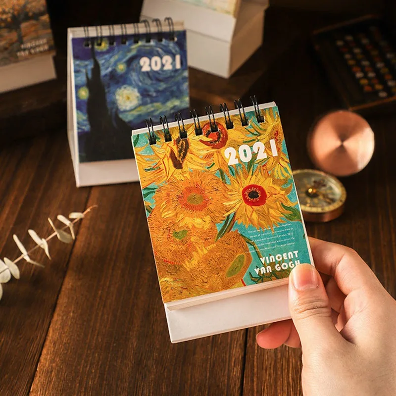 

2021 Mini Desk Calendar Oil Painting Series Mini Desktop Desk Calendar Retro Famou Painting Art Coil Calendar Book Kawaii
