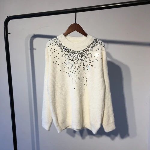 white Neploe Sequin толстый свитер женский вязаный пуловер корейский топ зимний джемпер женский длинный рукав o-образный Вырез Свободный Pull Femme 54875 - Цвет: white