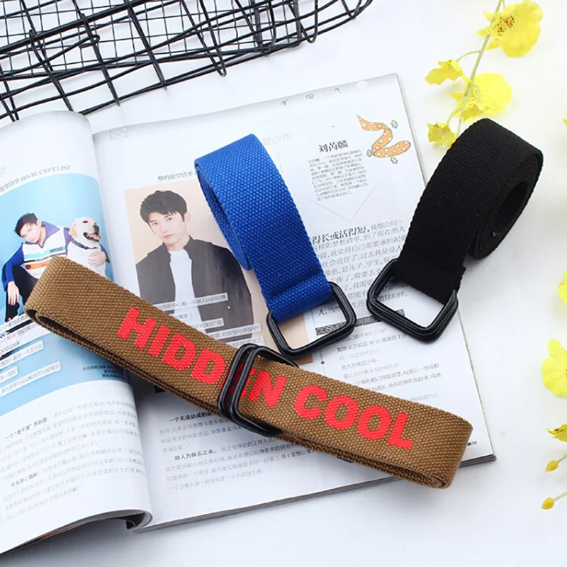 Холщовый ремень унисекс мужской и женский с пряжкой кольцом черно-белые буквы