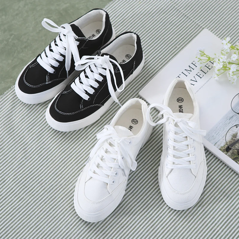 

M.GENERAL Women White Shoes Canvas Female Black Shoes All Match Solid Color Casual Sneakers Lace Up Fresh Style Flat Size 35-40
