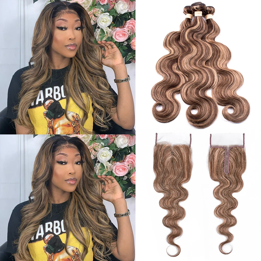

Highlight P4/27 Brazilian Hair Weave Bundles With Closure 4*1inch Bundles With Closure Body Wave 3 Bundles With Closure