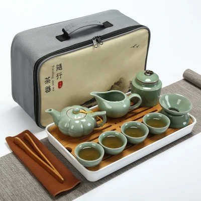 Качественный дорожный чайный набор кунг-фу чайник чашки gaiwan infuser chahai портативная коробка cozies деревянный бамбуковый поднос китайский чайный церемониальный набор - Цвет: SET 16