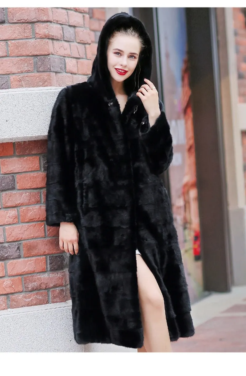 110 см Натуральная норковая шуба куртка с капюшоном зимняя женская меховая