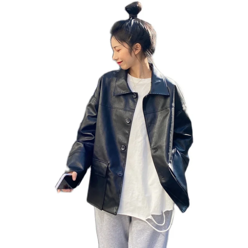 

New collection office ladies Black pu leather jackets women"s Baggy vintage coats A428