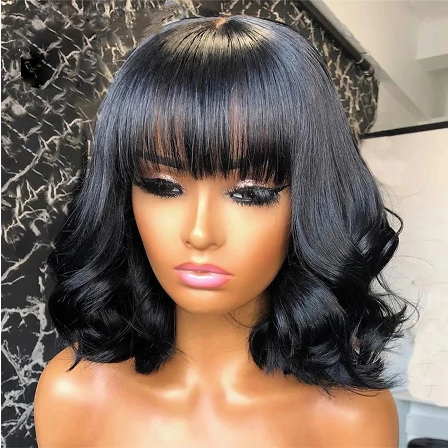 

Glueless Wavy Short Bob Lace Front Wig With Bangs Synthetic Wig Heat Resistant Fiber 180% Density Pre Plucked Fringe Wigs
