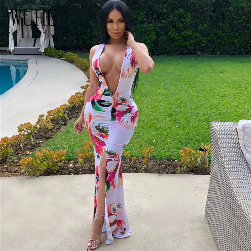 

WUHE Sexy Package Hip Skinny Bodycon Colorful Print Deep V Neck Sleeveless Off Shoulder Front High Split Nightclub Party Dresses