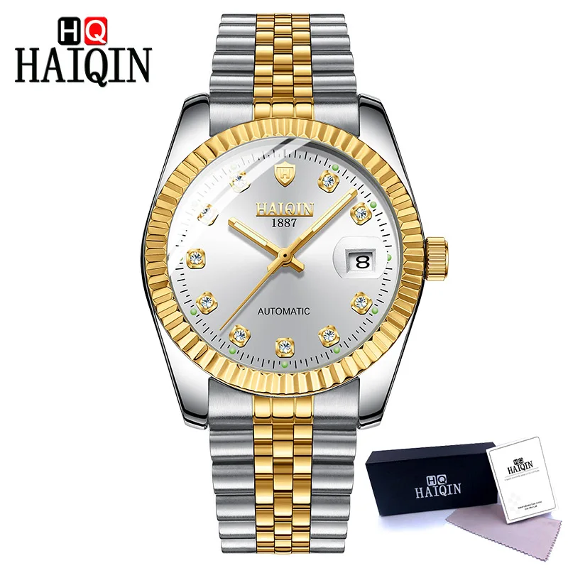 Gold-white HAIQIN, мужские часы, автоматические механические, для улицы, спортивные часы, мужские, стальные, военные, водонепроницаемые, Rolexable, наручные часы, Relogio Masculino - Цвет: Gold-white