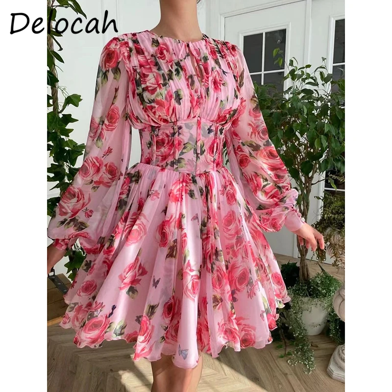 

Delocah новые 2021 осенние женские модные взлетно-посадочной полосы вечерние мини-платье с рукавами-фонариками высокая, приталенное, с принтом р...
