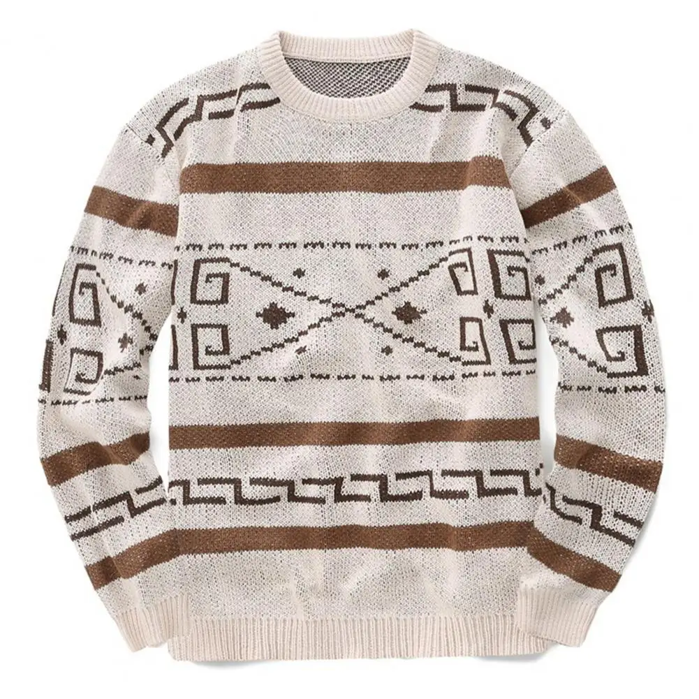 

Men's Sweater Knitted O Neck Geometric Print Casual Sweater Long Sleeve Vintage Pattern Printed Casual Sweater for Autumn Winter
